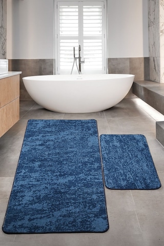 Nova Lacivert 80x150 + 50x80 Cm Büyük Ebat 2'li Banyo Halısı Paspas Seti Yıkanabilir Klozet Takımı Lacivert