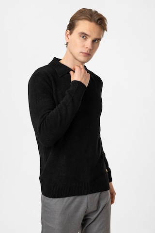 Back&bond Siyah Regular Fit Çizgili Polo Yaka Triko Kazak