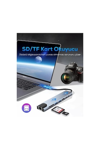 Buğz Type C Girişli 8 Port Dönüştürücü Ve Çoklayıcı