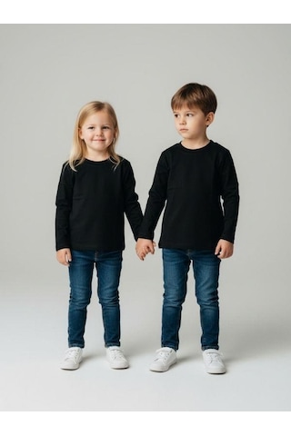 Zekids Bebek Pamuklu Bisiklet Yaka Basic İnce Uzun Kollu T-shirt-16779 Siyah