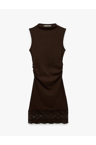 Koton Modal Karışımlı Slim Fit Dik Yaka Kolsuz Mini Dantelli Elbise Kahverengi 6sal80262ık Kahve
