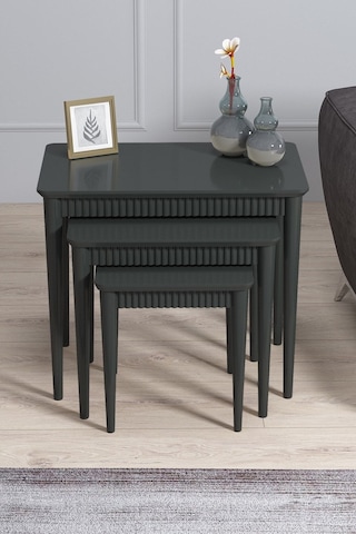 Elegance Antrasit Mdf Lake Boyalı Tabla Gürgen Ayak 3 Lü Zigon Sehpa Takımı Çay Sehpası Servis Sehpa Antrasit