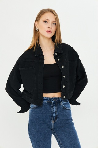 Modanida Kadın Kot Ceket Jean Siyah Kot Ceket Crop Kesim Geniş Cepli Düğmeli Denim Ceket Siyah Siyah