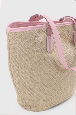 Housebags Doğal Hasır Pembe Deri Askılı Plaj Çantası Hasır Pembe