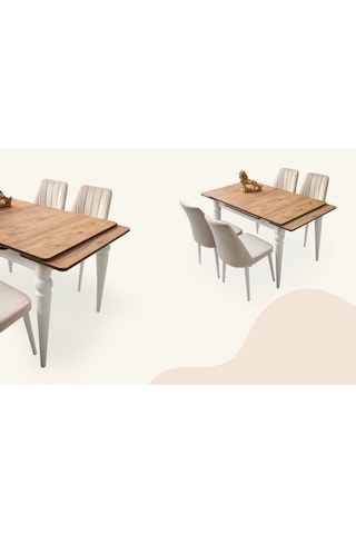 Ahşap Salon Yemek Masa Sandalye Takımı 4 Gözde Sandalyeli Yandan Açılır Büyüyen Sidon 70x110cm Bej-krem