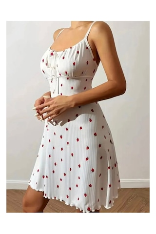 Eloria Fashion Çilek Baskılı Tangalı Gecelik Pijama Elbise,kadın Gecelik,kadın İç Giyim Beyaz
