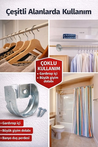 Krom Oval Boru Askı Flanşı Gardırop Dolap İçi Askılık Aparatı Mobilya Uyumlu 2 Adet Set Gümüş