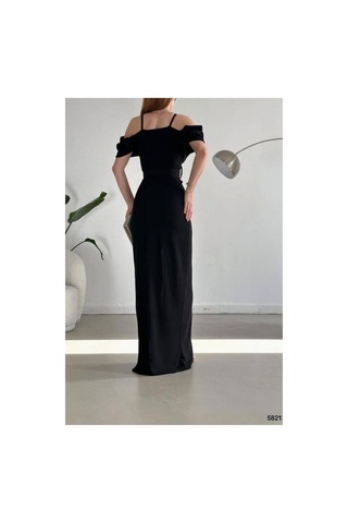 Lior Design Kadın Trend Krep Kumaş V Yaka Yırtmaçlı Abiye Elbise Siyah