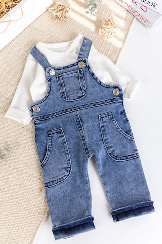 Çep Detaylı Erkek Bebek Salopet Tulum Set mavi