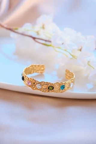 Gold Vintage Renkli Zirkon Taşlı Çelik Kelepçe Bileklik Gold
