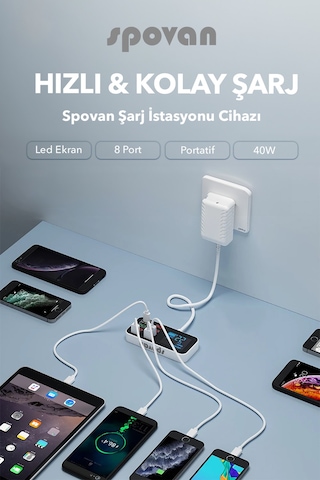 Spovan Impro Led Ekranlı 8 Port Usb Type C Şarj Cihazı