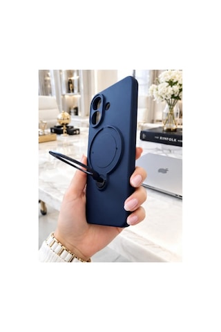Poco X8 Pro İle Uyumlu 360 Derece Dönebilen Kalın Metal Magsafe Halka Stantlı İçi Kadife Korumalı Ultra Lüx Premium Silikon Kılıf Koyu Lacivert
