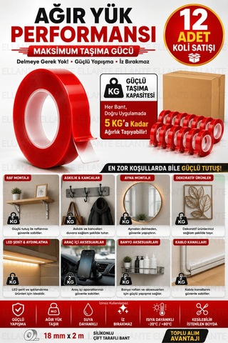 12 Adet Silikonlu Çift Taraflı Bant 18 Mm X 2 M Güçlü Yapışkan Şeffaf Montaj Bandı Ekonomik Koli Pak