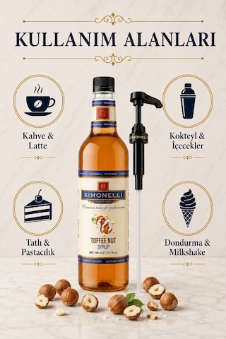 Simonelli Toffee Nut Karamelli Fındık Aromalı Kahve ve Kokteyl Şurubu 700 ML + Şurup Pompası - Latte Frappe Sıcak Soğuk Kahve ve Tatlı Şurubu