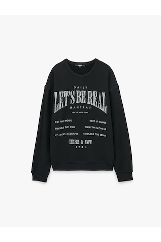Koton Üç İplik Pamuklu Uzun Kollu Bisiklet Yaka Oversize Baskılı Sweatshirt Lacivert 7wam70204mk