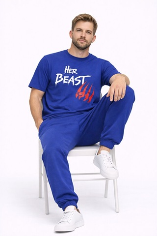 Sevgili Kombini Her Beast His Beauty Oversize Çift Tişört Unisex Lacivert