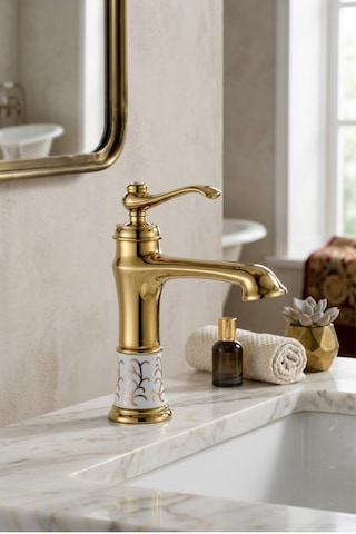 Victoria Gold Porselen Gövde Lavabo Bataryası Altın