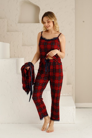 Nisanca Sabahlıklıklı 3 Parça Çeyizlik Kutulu Kadın Pijama Takımı- Dantelli Kutulu Kadın Pijama- Geniş Beden Aralığı Kırmızı