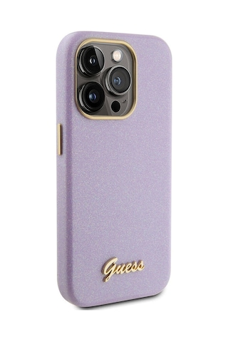 Apple Uyumlu iPhone 15 Pro Max Kılıf Guess Lisanslı Yazı Logolu Glitter Glossy Script Kapak Lila