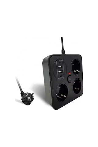 Akım Korumalı Anahtarlı Priz - 3x Priz - 2x Usb - 2x Type-c - 2 Mt Kablo Hızlı Şarj Özellikli Siyah Standart