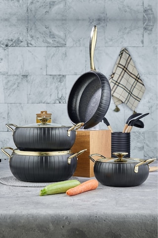 Cooker 7 Parça Granit Tencere Tava Seti Siyah