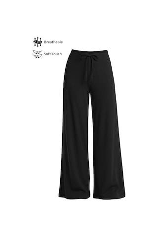 Cottonhill Siyah Viskon Basic Yüksek Bel Bol Paça Bağcıklı Kadın Pantolon