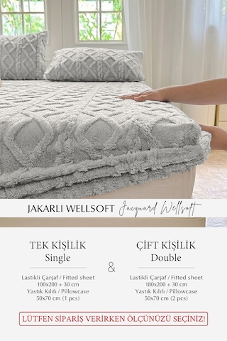 Süper Yumuşak Jakar Kadifemsi Peluş Lastikli Fitted Çarşaf Seti Kaymaz Tek/çift Kişilik Gri Açık Gri