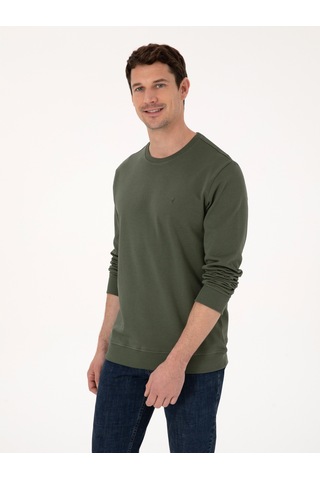 Haki Regular Fit %100 Pamuk 3 İplik Bisiklet Yaka Sweatshirt Yeşil