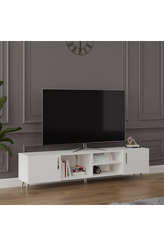 Asra Trend Tv Ünitesi T-09 %100 MDF 180 cm Tv Sehpası Dolaplı Raflı Beyaz