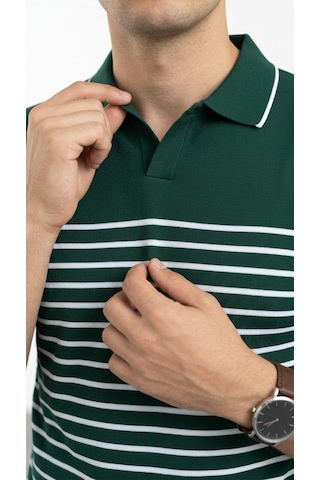 Plus Scorpion Erkek Çizgili Polo Yaka Triko Tişört Slim Fit İnce Triko Yazlık Şık Model Yeşil