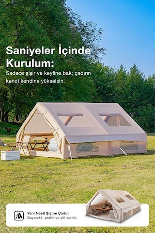 12 Kişilik 4 Mevsim Şişme Kamp Çadırı Su Geçirmez 210d Oxford Kumaş 12 M2 400x300x200 Cm Bej