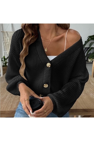 The İstanbul Kadın Önü Düğmelitriko Hırka Siyah
