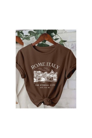 Medinenur Rome Italy Desen Baskılı Basic T-shirt Kahverengi