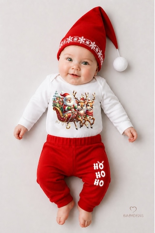 Babyden's Bebek Yılbaşı Noel Kıyafeti 3 Lü Takım,noel Baskılı Uzun Kollu Body ,kırmızı Pantolon,ponponlu Şapka Unisex Kırmızı - Beyaz