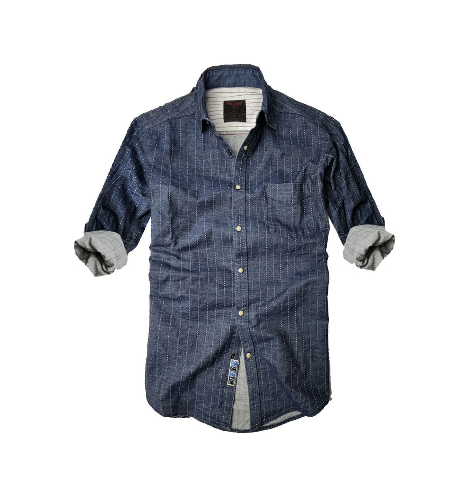 Slim Fit Saf Pamuk Denim Kumaş Kot Gömlek- Koyu Çizgi- Çok Renkli