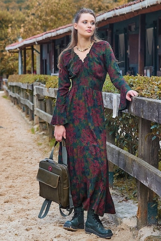 Yakası Lastikli İspanyol Kol Kışlık Elbise Desenli