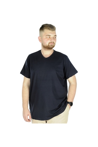 Mode Xl Büyük Beden T-Shirt V Yaka Likralı 20150 Lacivert 001