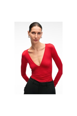 Grımelange TEVRINE Kadın Kruvaze Yakalı Esnek Kumaşlı Uzun Kollu Çıtçıt Kapamalı Slim Fit Kırmızı Bluz