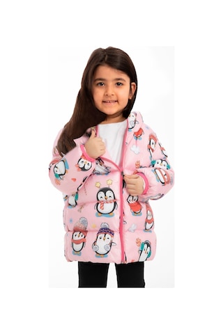 Kız Çocuk Polarlı Kapüşonlu Penguen Şeker Desenli Kışlık Şişme Mont & Kaban & Parka-40 Pembe