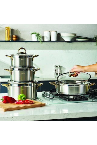 Hisar Orion İndüksiyon Tabanlı 8 Parça Çelik Tencere Seti Titanyum Gold