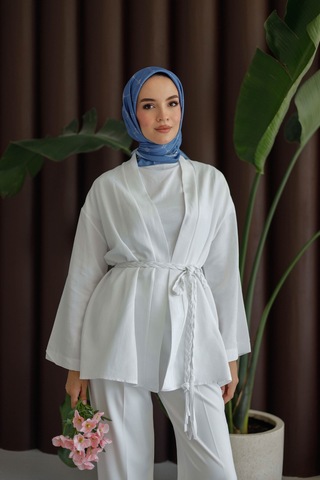 Moonsc Keten Kimono Kemerli Beyaz
