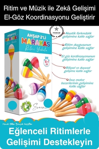 Ahşap 2'li Marakas Seti Ritmi Yakala Müzik Aleti Çocuk Bebek Sesli Çın Çın Davul Çıngırak Vurmalı