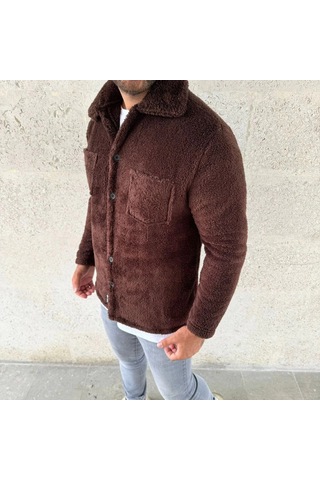 Erkek Pelüş Polar Hırka Gömlek Yakalı, İlik Düğmeli, Göğüs Cepli, Yumuşak Dokulu Kışlık Regular Fi Kahverengi