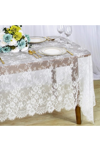 Lexroo Bolivia S Yemek Masası İçin Masa Örtüsü, 150x300cm Keten Dekor, Beyaz Dantel Detaylı Örtü