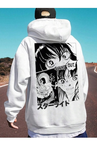 Startmore Adrift Unisex Kadın/erkek Beyaz Anime Out Baskılı Oversize Kapüşonlu Sweatshirt Beyaz