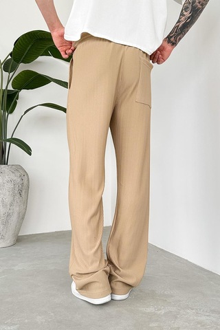 Bej Beli Lastikli Fitilli Baggy Pantolon Bej