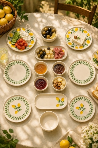 Yeşil Limon 14 Parça 6 Kişilik Handmade Stackable Seramik Tabak Seti Premium Sunum & Kahvaltı Takımı Beyaz