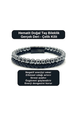 Sertifikalı Hematit Doğal Taş Bileklik Gerçek Deri Çelik Kilit Çok Renkli