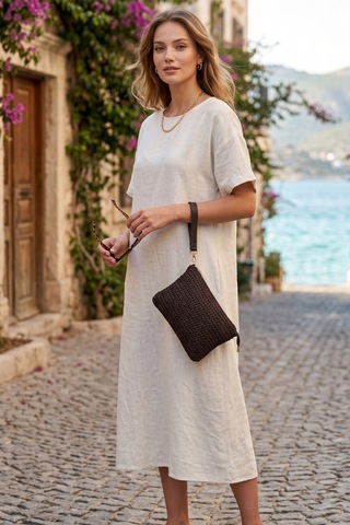 Vivazzaluxe Doğal Hasır Örme Orta Boy Kadın Yazlık Portföy Clutch Çanta Acı Kahverengi