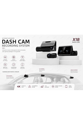 Dxtel X18 4k Dokunmatik Araç Kamerası Ön Arka Kamera Wifi Gece Görüşlü G-sensör Park Modu Döngüsel Kayıt Dash Cam 3 Kameralı